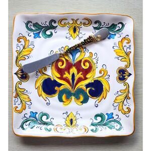 Plate/Serving Platter-Alhambra-Square-Matching Beaded Knife-White-Mediterranean